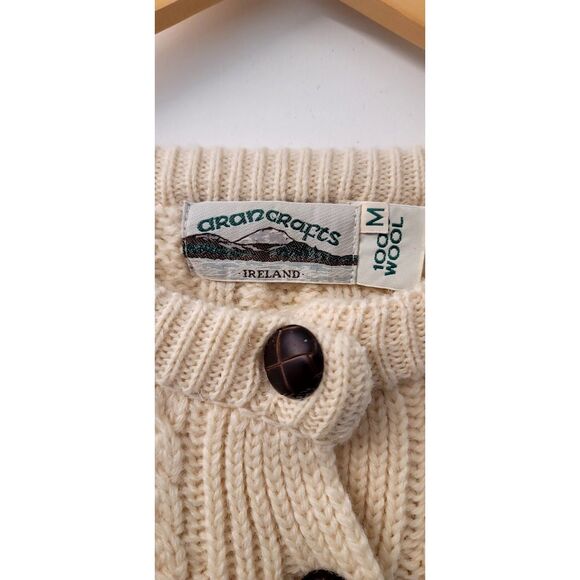 Irish 100% Wool Arancrafts Cream White Cable Knit Button Cardigan Sweater Sz. M - Picture 10 of 10